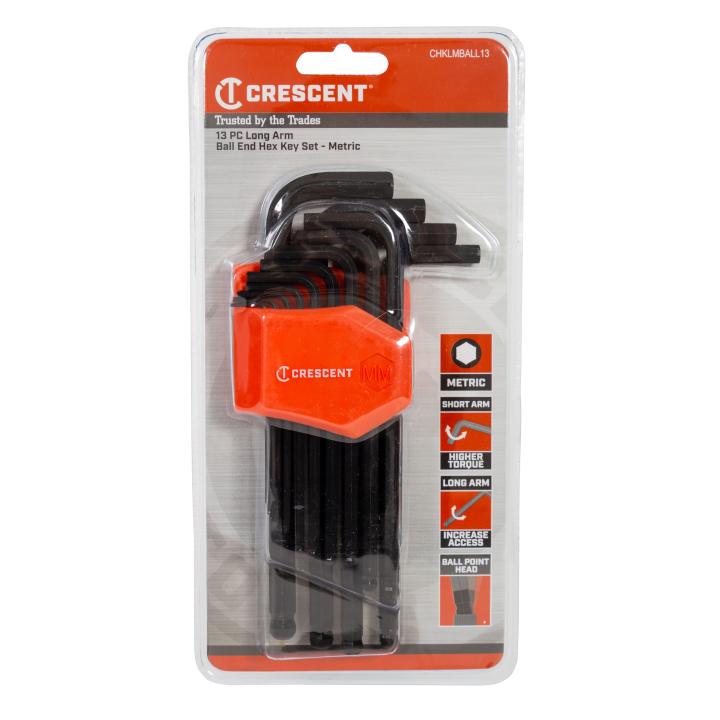 Image of 13-Key Metric Ball End Long Arm Hex Key Set - Crescent