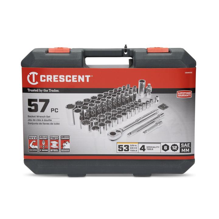 Image of 57 Pc. 3/8" Drive 6 and 12 Point SAE/Metric Mechanics Tool Set - Crescent