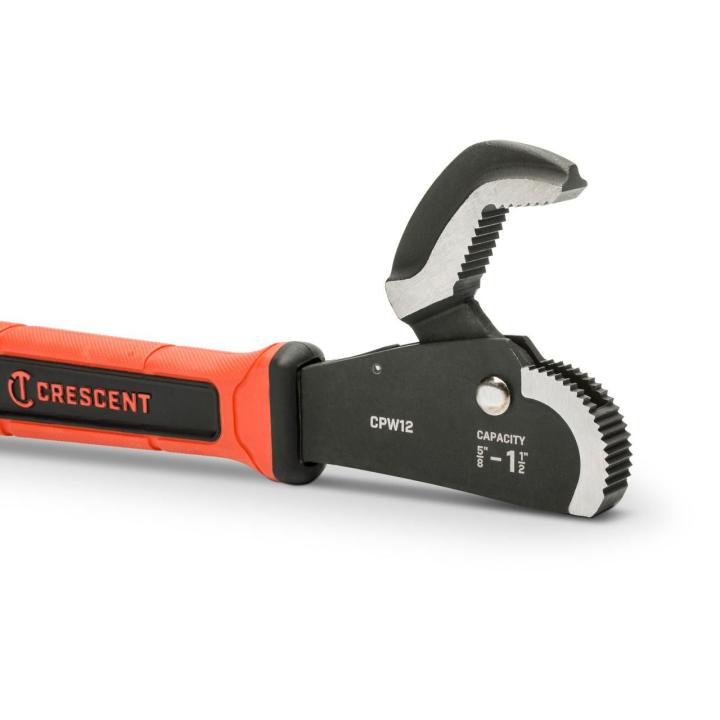 Image of the 12" Self-Adjusting Dual Material Pipe Wrench with the jaws open
