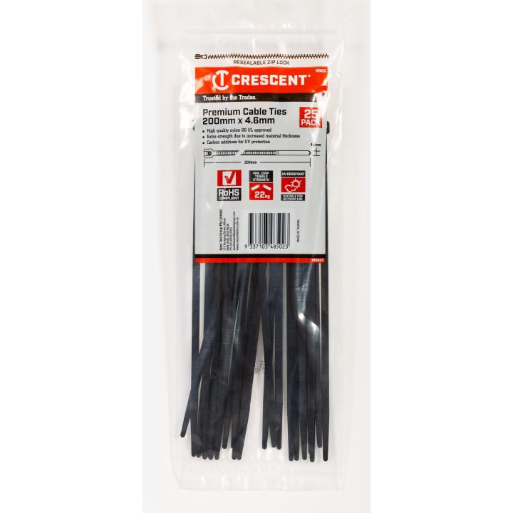 200mm x 4.6mm Black Cable Ties - 25 Pk. - Crescent Tools